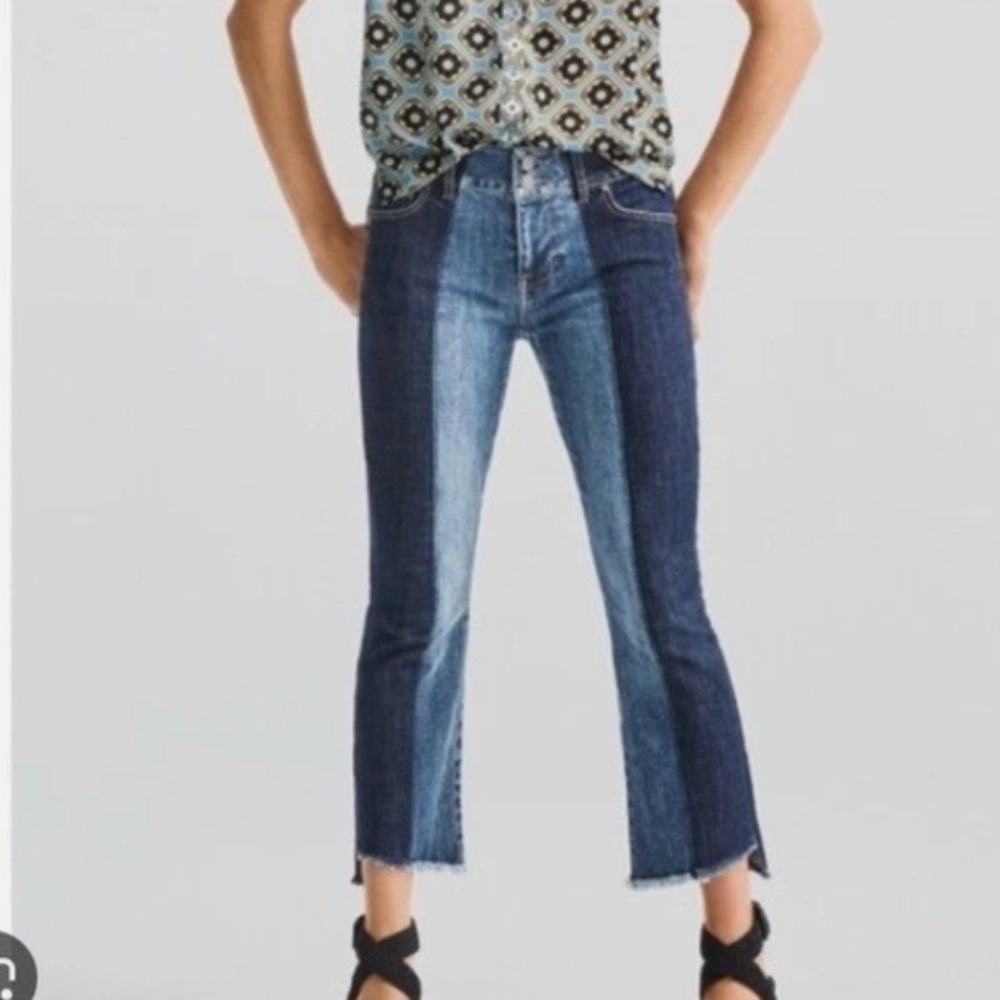 CAbi Hi-Low Crop Two Tone Jeans SZ8 Frayed Hem Summer Brunch BBQ